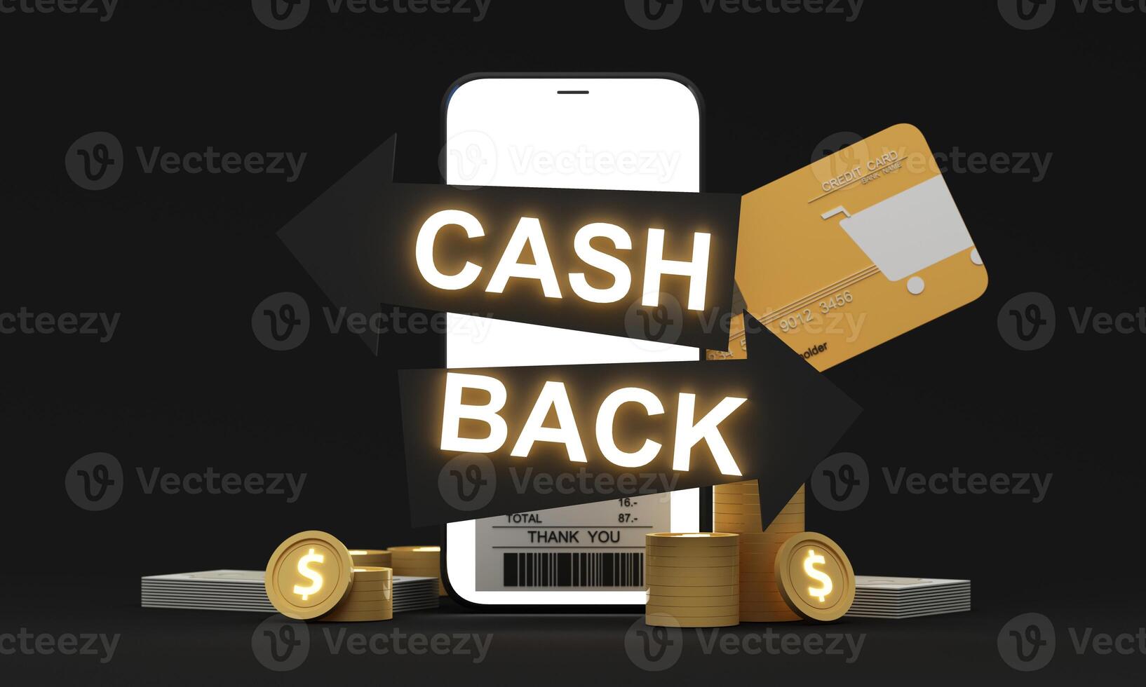 Cashback with glowing arrows pointing towards credit cards and coins. This image conveys digital rewards, smart finance, and spending incentives for modern consumers. 3d rendering. photo