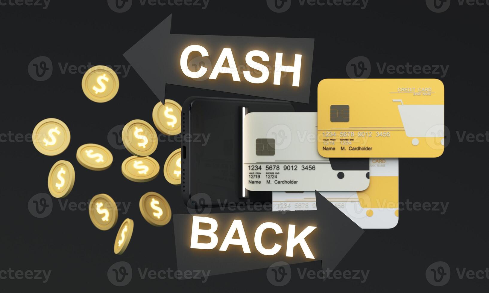 Cashback concept with glowing arrows pointing towards credit cards and coins. This image conveys digital rewards, smart finance, and spending incentives for modern consumers. 3d rendering. photo