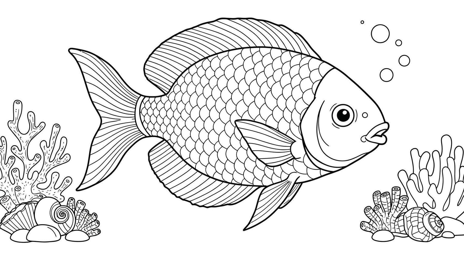 A fish coloring page with coral and other marine life vector