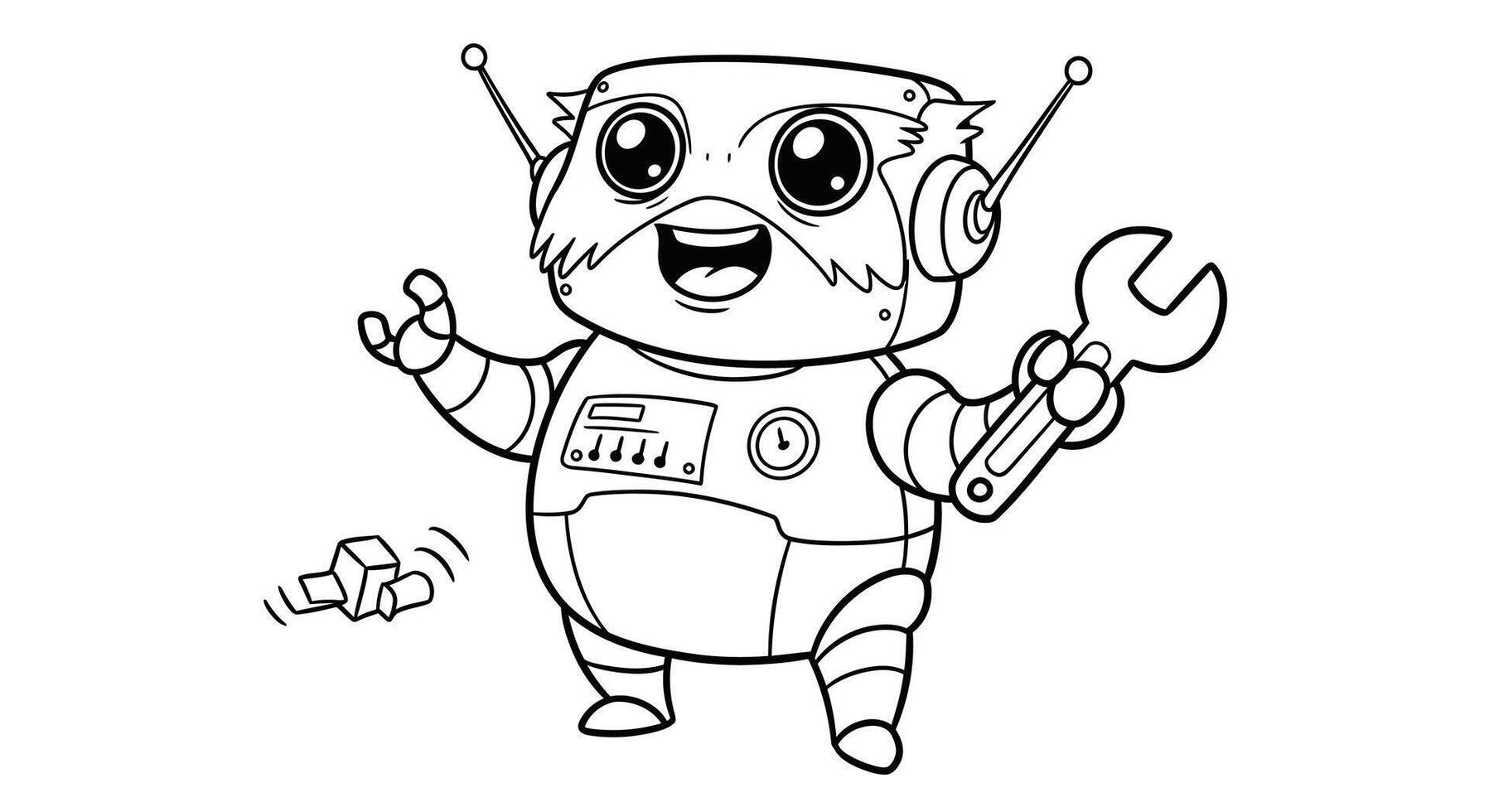 A robot with a wrench in his hand coloring page vector