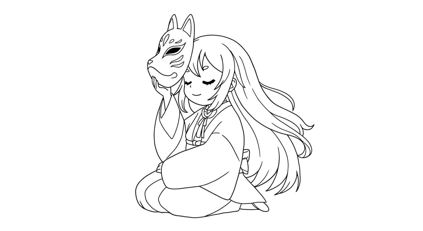 Coloring page of A girl with long hair and a mask on her face vector