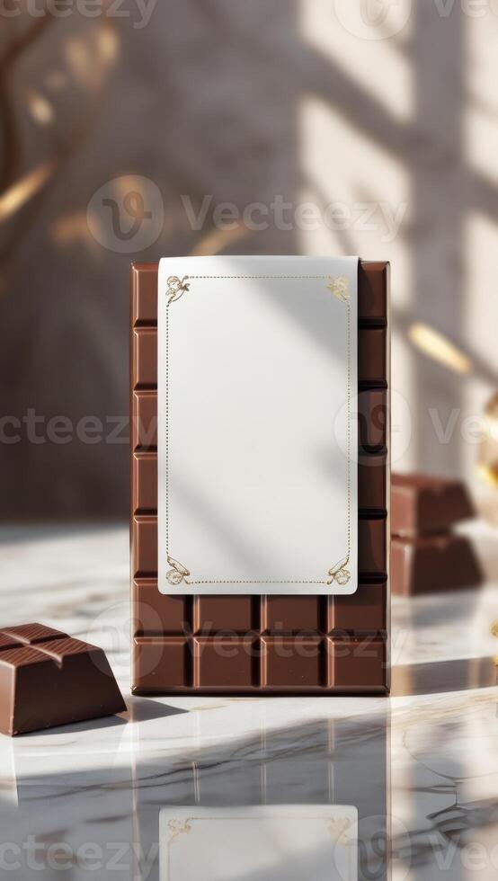 A bar of chocolate with a white label and a marble background, shot in bright, soft lighting, highlights luxurious indulgence and sophistication. photo
