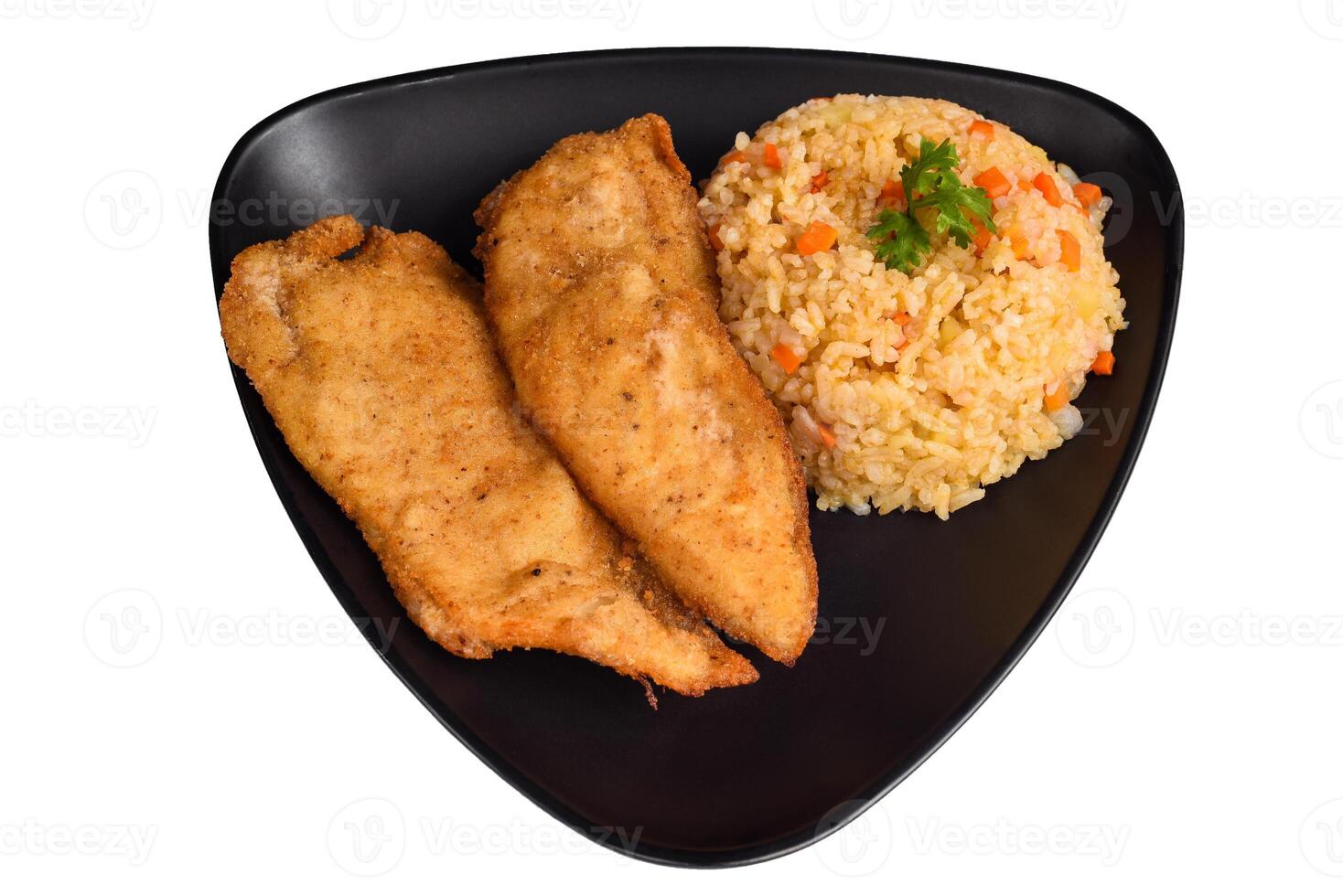Mexican fried chicken filet with rice isolated on a white background top view photo