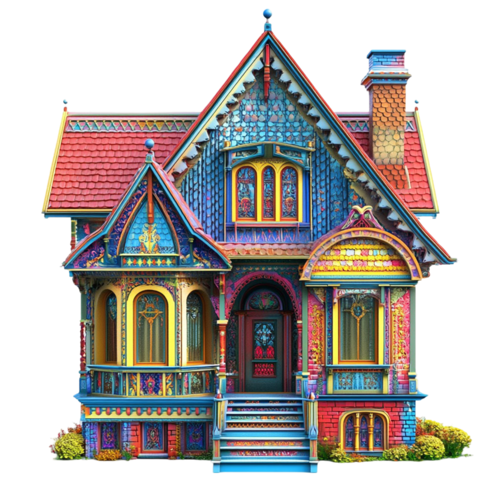 a colorful house with a red roof and a porch png