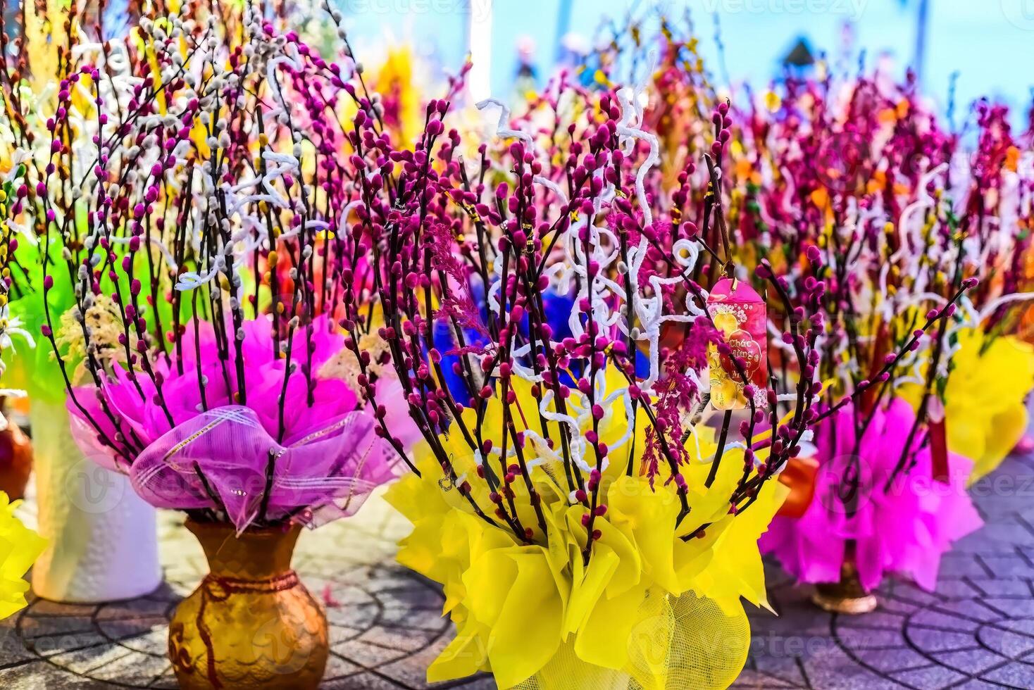 Colorful willow branches as a decor for a spring or easter day photo