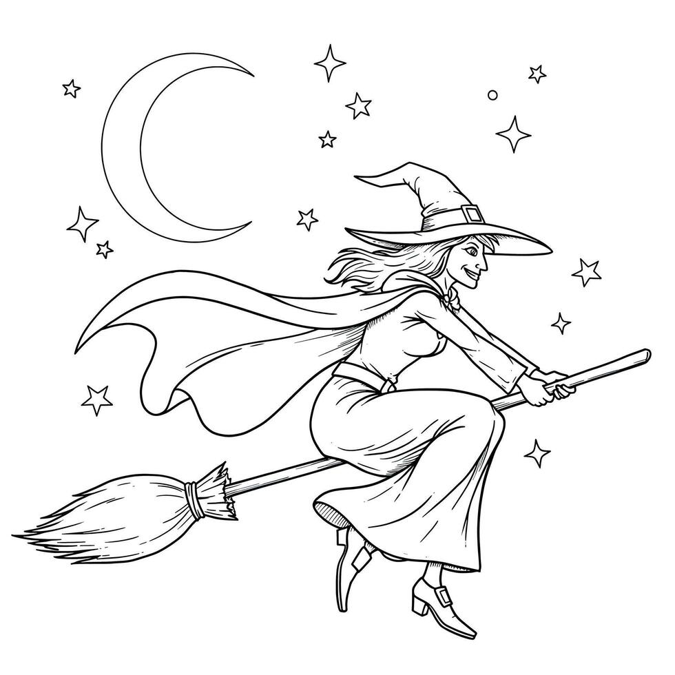 A witch flying on a broom with the moon in the background coloring pages vector