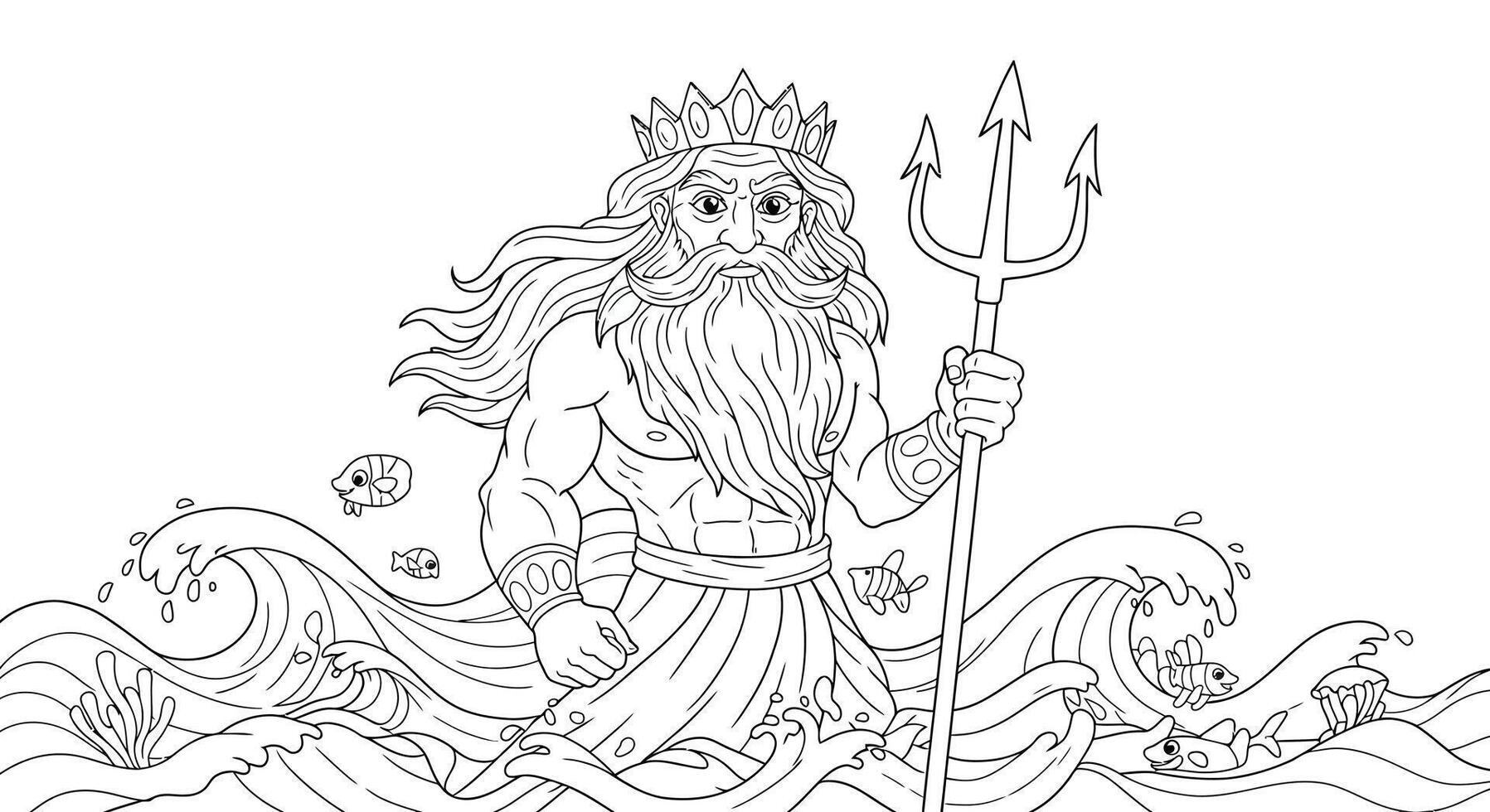 Coloring page with a poseidon god vector