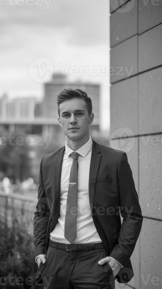 A man in a suit and tie standing in front of a building photo