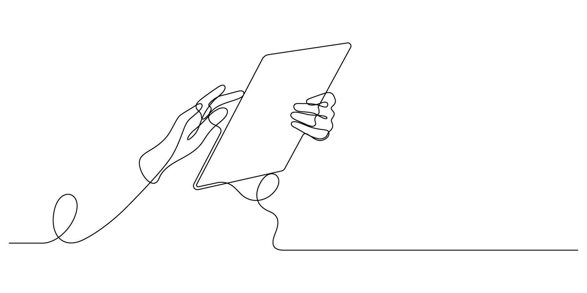hand using digital tablet online working and communication one line drawing continuous vector