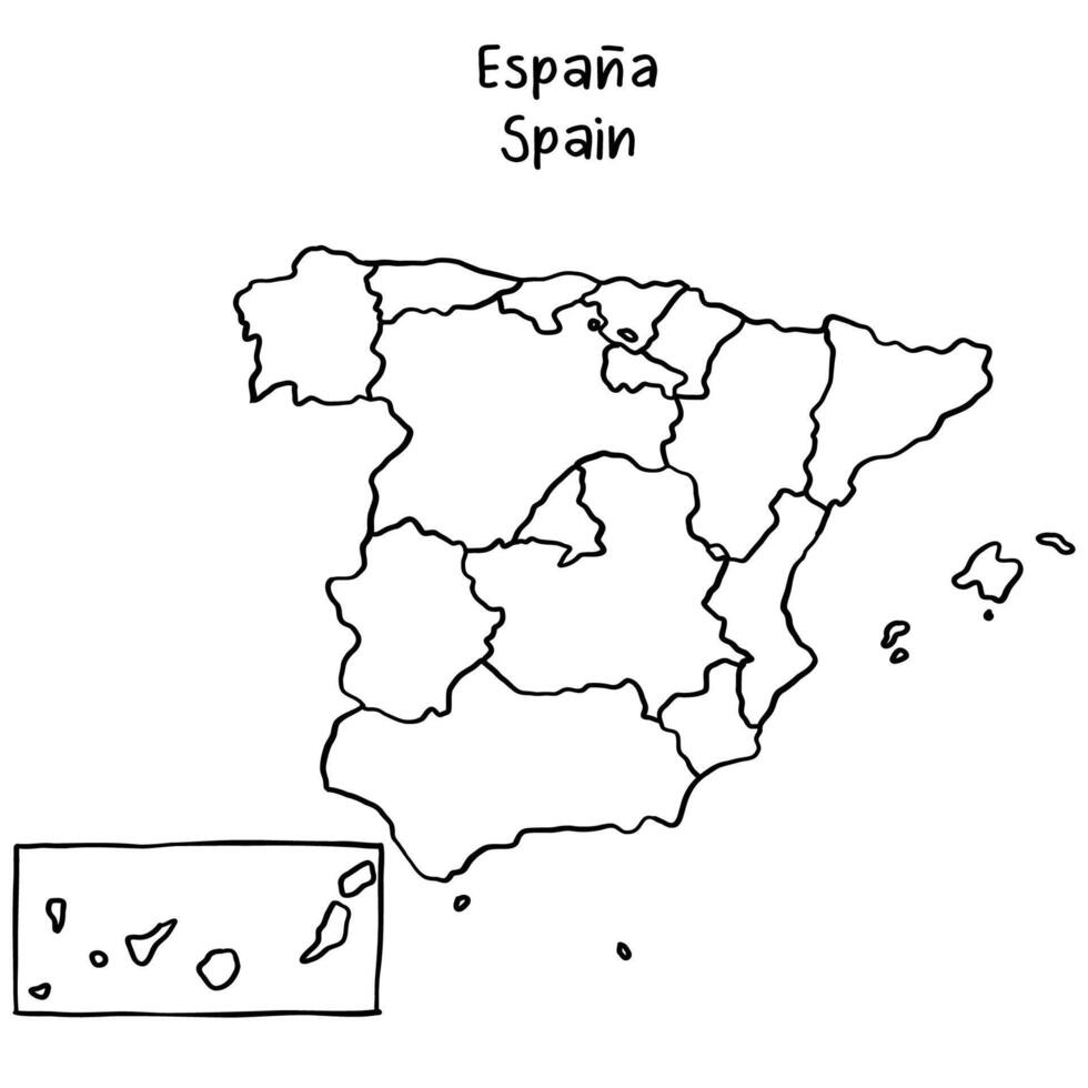 Spain, autonomous communities divisions map.Continuous line drawing, hand drawn scribble style map vector