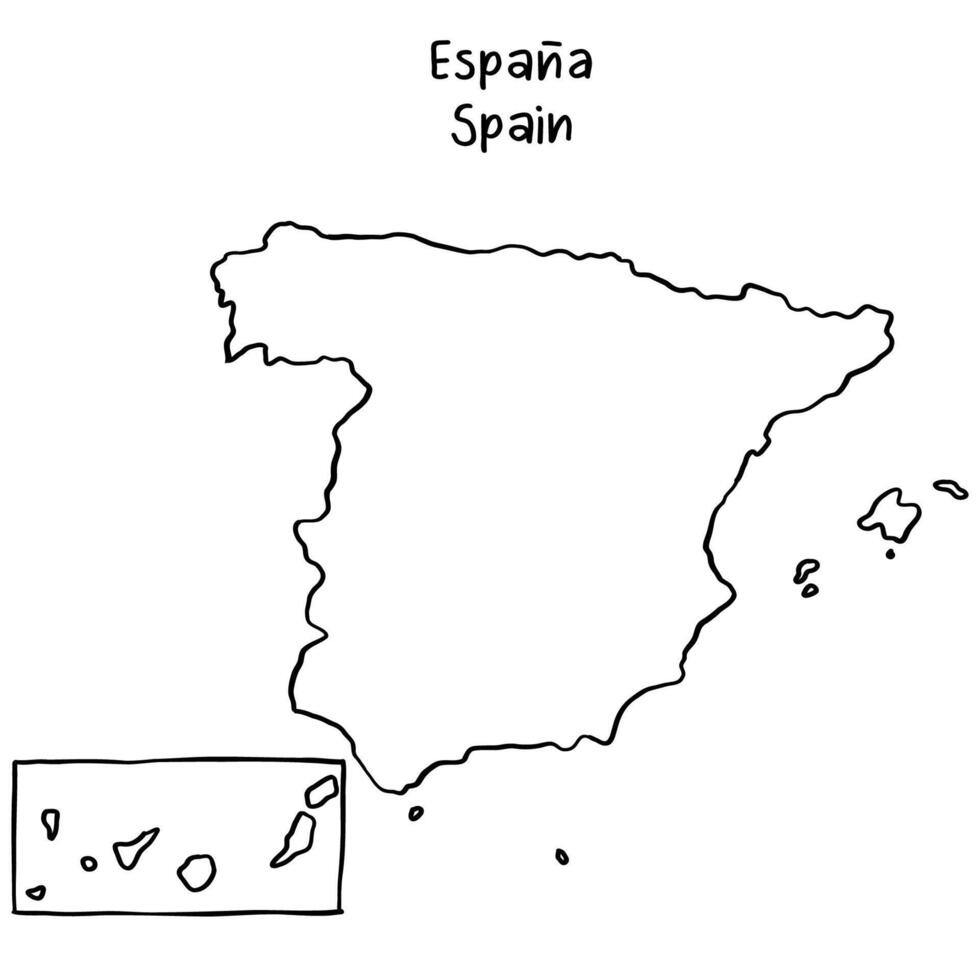 Spain map, silhouette, continuous line drawing, hand drawn scribble style map vector