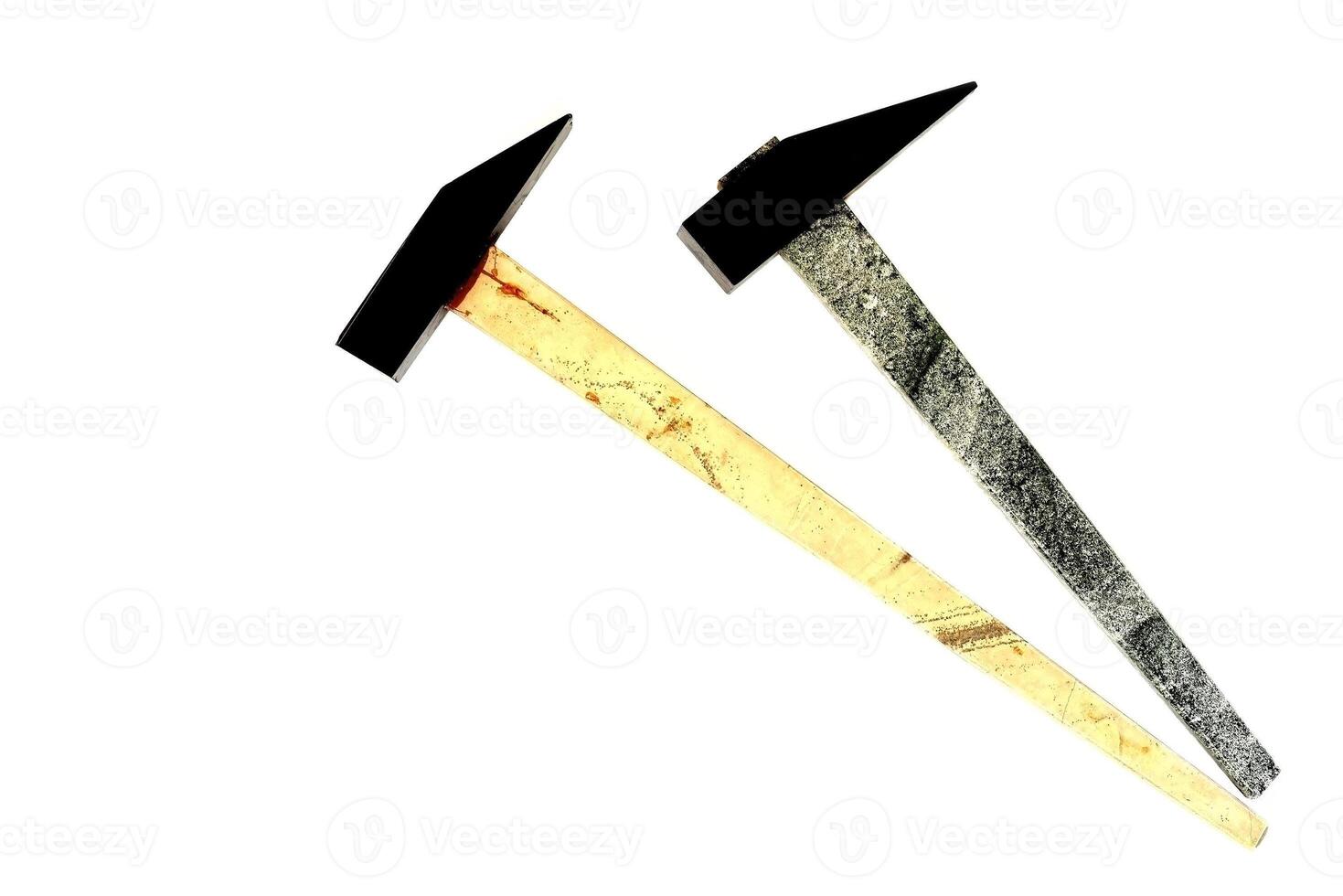 Two decorative hammers made of morion mineral black quartz on white background photo