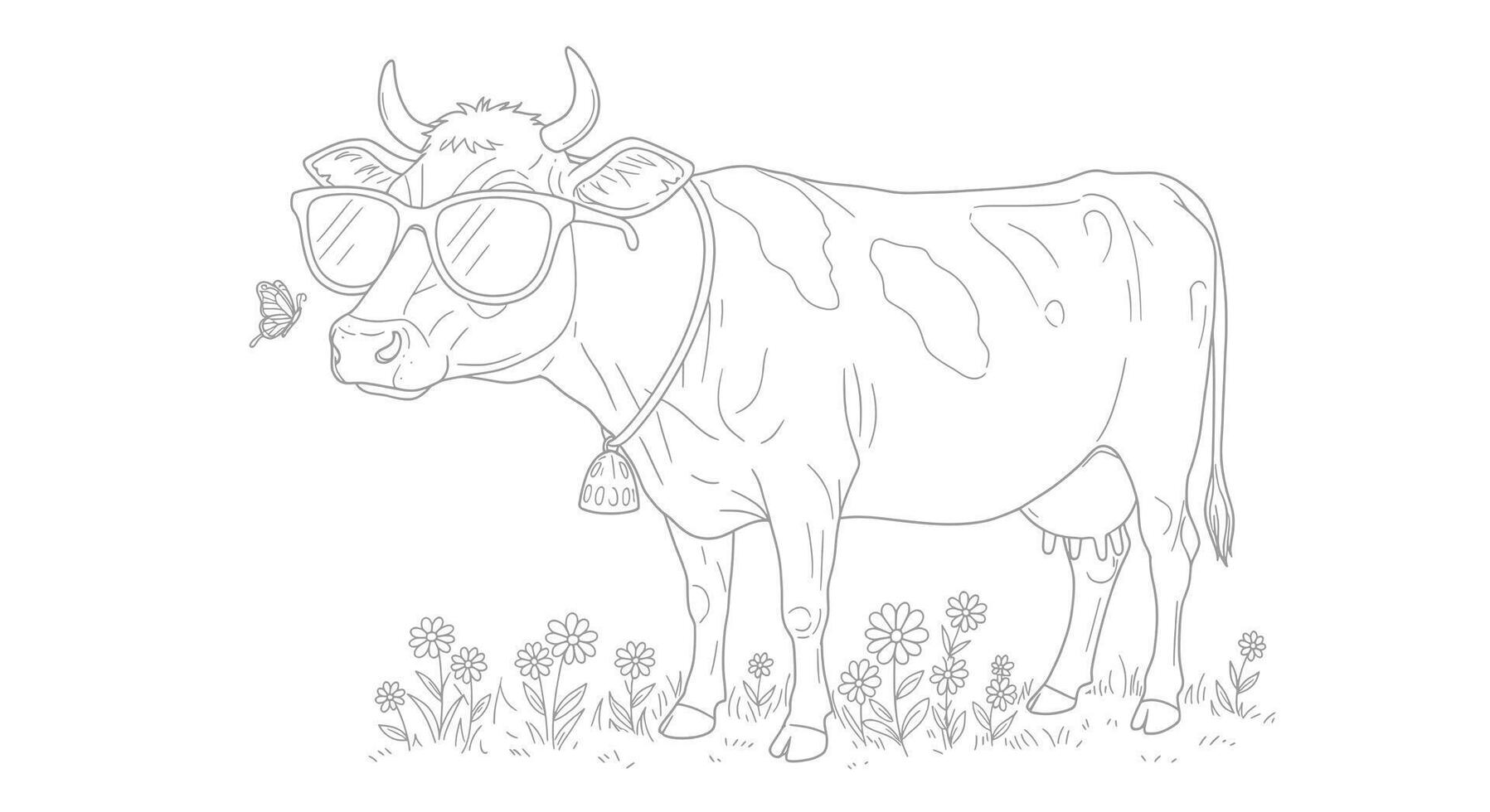 A cow wearing sunglasses is shown in a coloring page vector