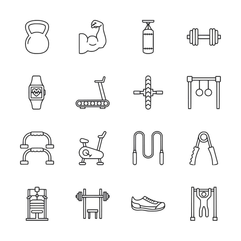 A set of fitness icons including a dumbbell, a kettlebell, a jump rope vector