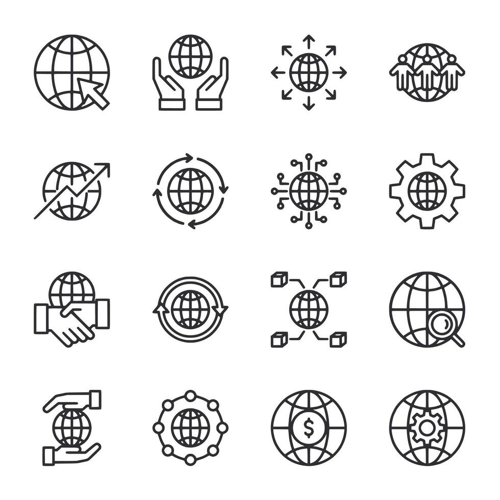A set of icons that include a globe, a dollar sign, and a magnifying glass vector