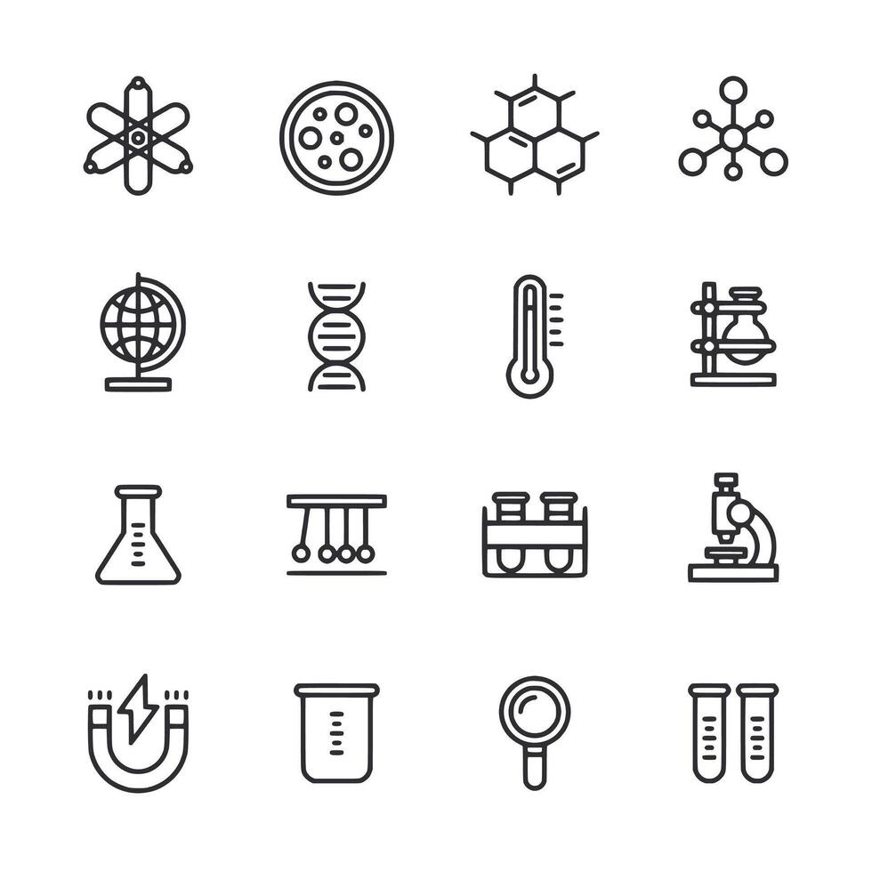 A set of science icons including a microscope, a thermometer, a globe vector