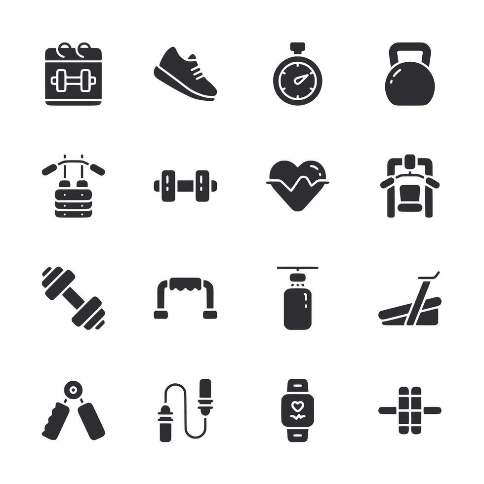 A collection of fitness icons including a heart, dumbbell, and a stopwatch vector