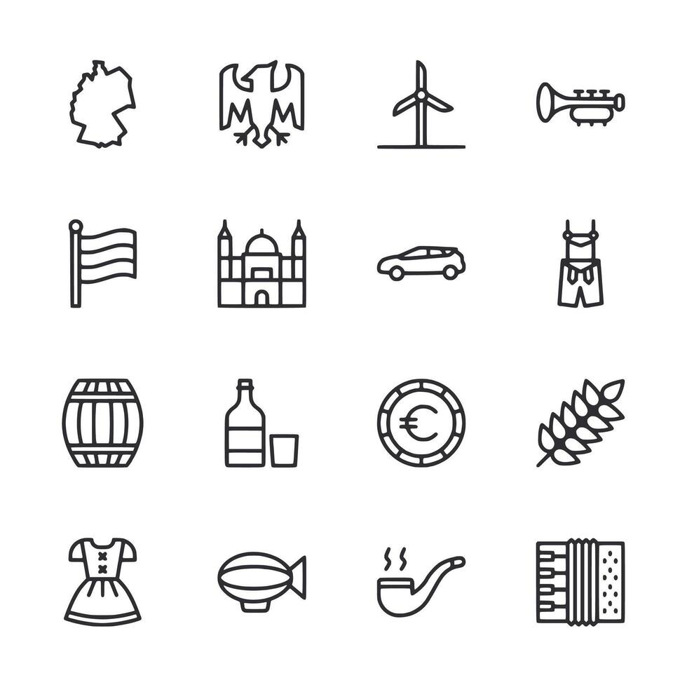A collection of icons including a car, a building, a flag, a bottle, a cuckoo vector