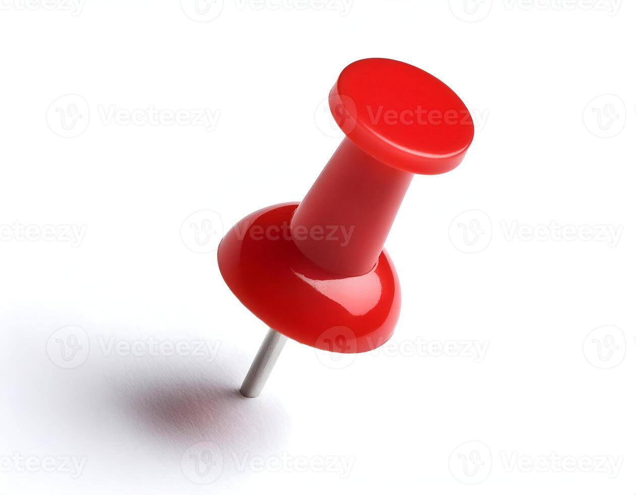 isometric 3d red push pin on isolated background, glossy office thumbtack for paper and board, stationery supply, bulletin board pin, sharp metal tack for marking and pinning photo