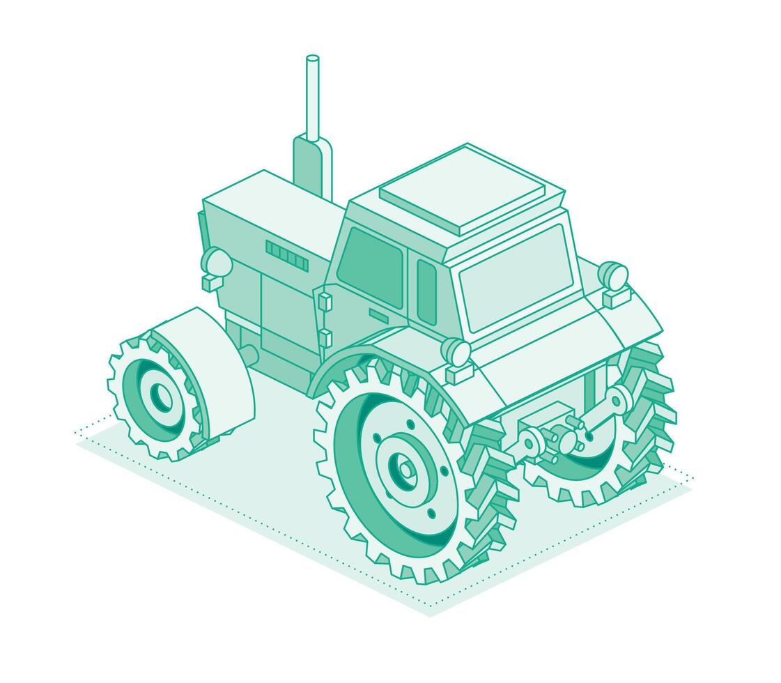 Isometric tractor isolated on white background. Back view. Outline object. Large heavy modern agricultural tractor for fieldwork. vector