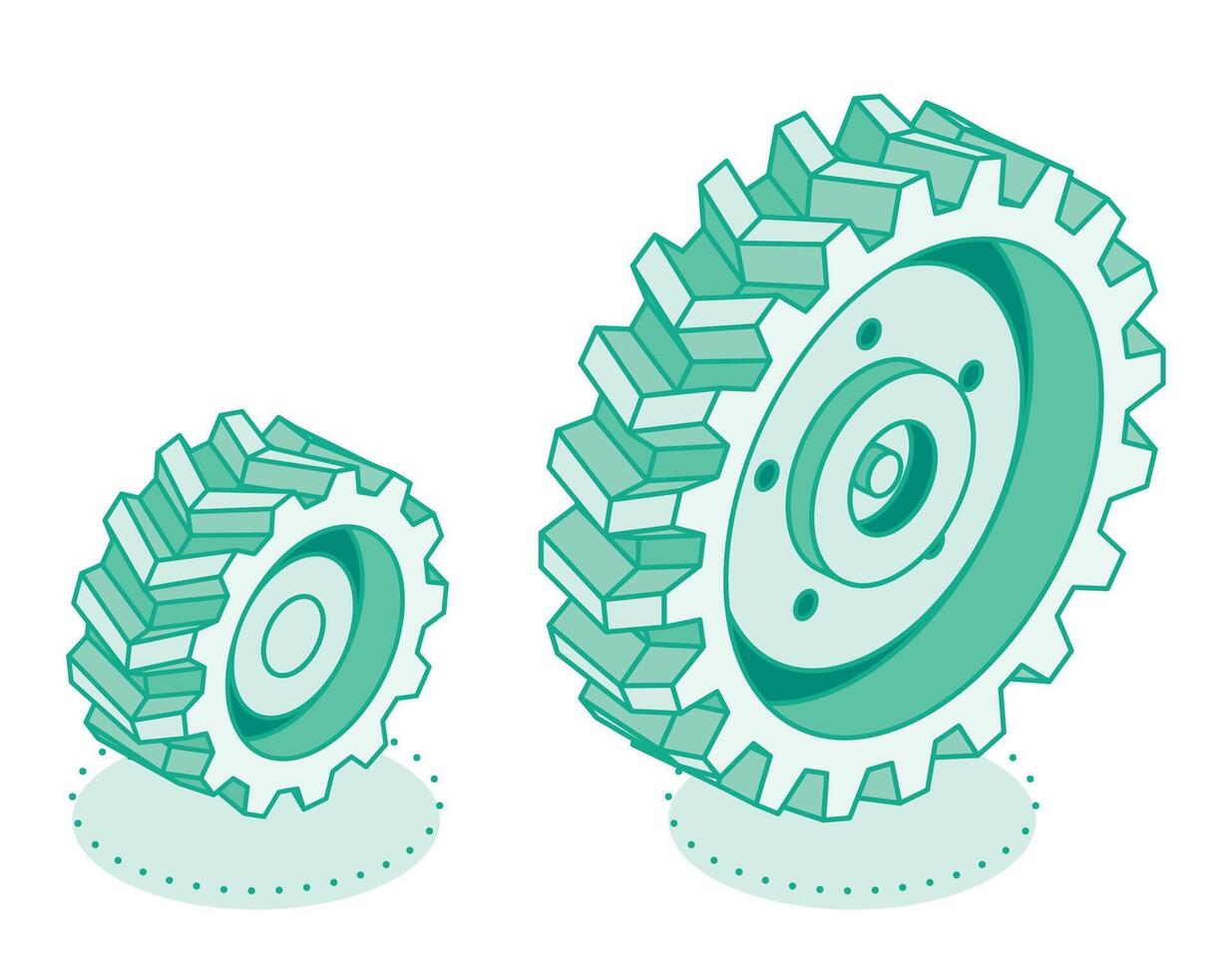 Isometric tractor wheels. Big and small size. Icon isolated on white background. Heavy truck wheel. Outline style. vector