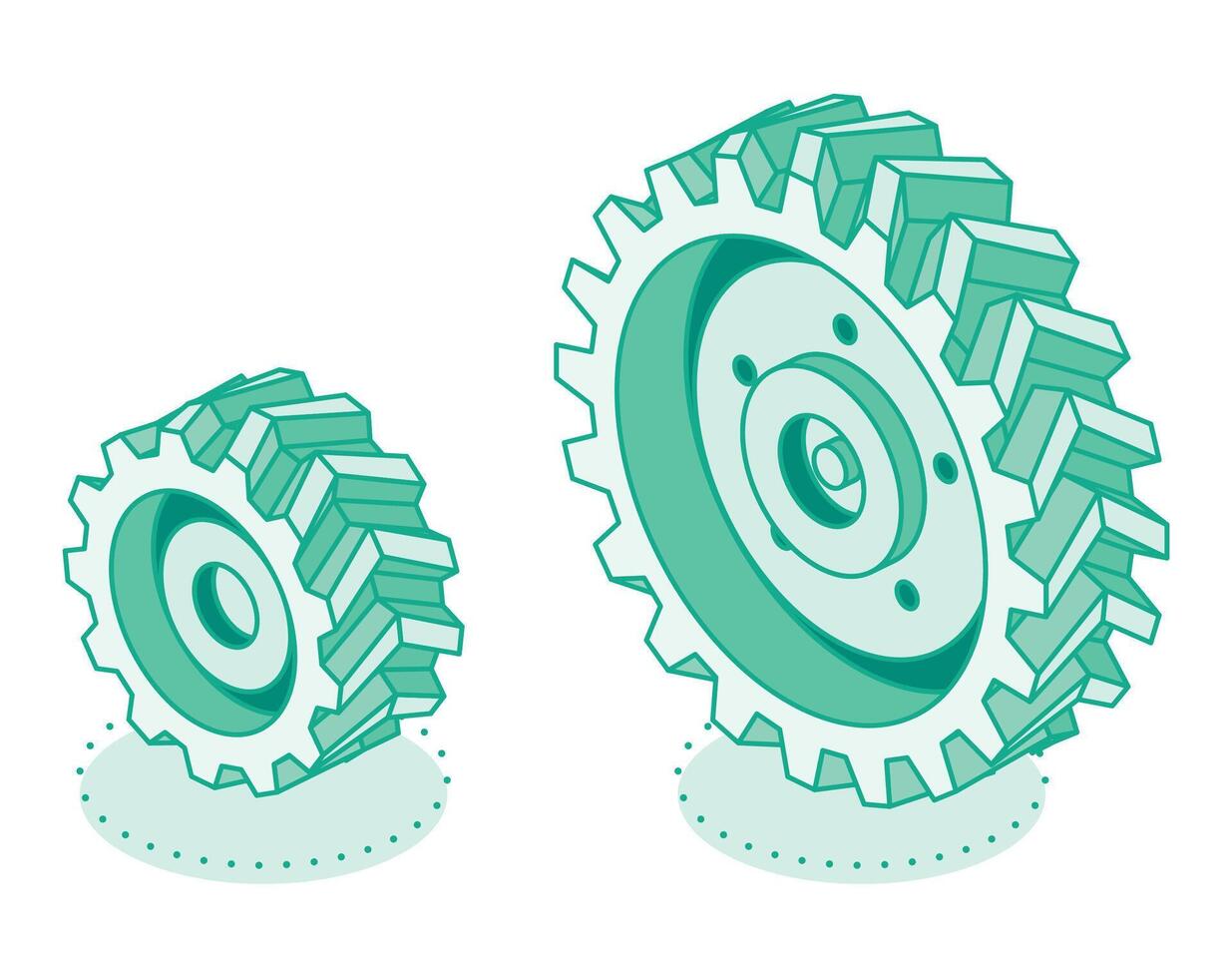 Isometric tractor wheel. Big and small size. Icon isolated on white background. Heavy truck wheel. Outline style. vector