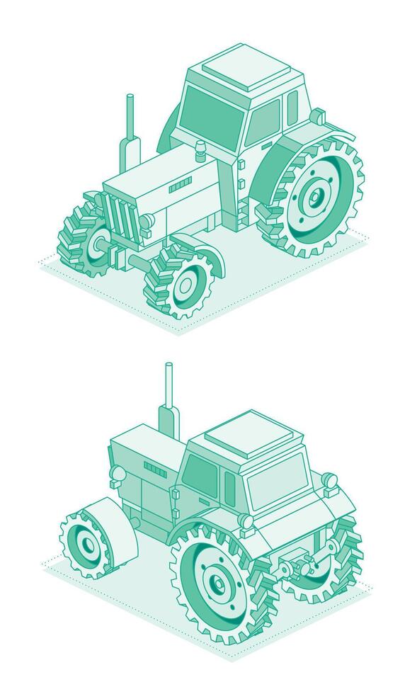 Isometric tractor isolated on white background. Outline object. Large heavy modern agricultural tractor for fieldwork. Front and back view. vector