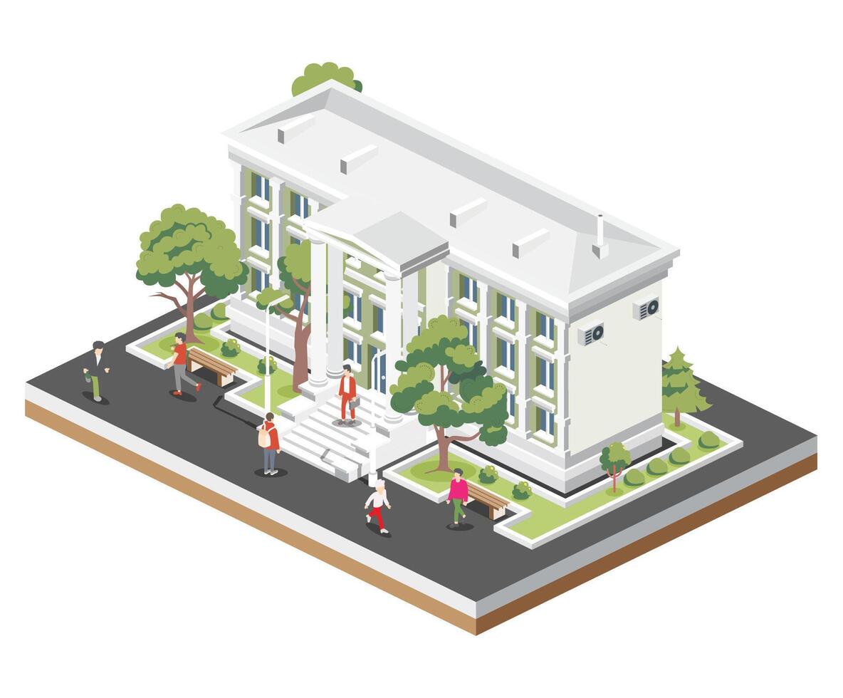 Isometric view of courthouse building, bank, university or governmental institution. Public building with high columns. Law justice concept. vector