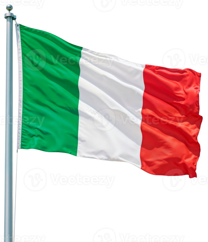Flag of Italy waving on a flagpole isolated on transparent background png