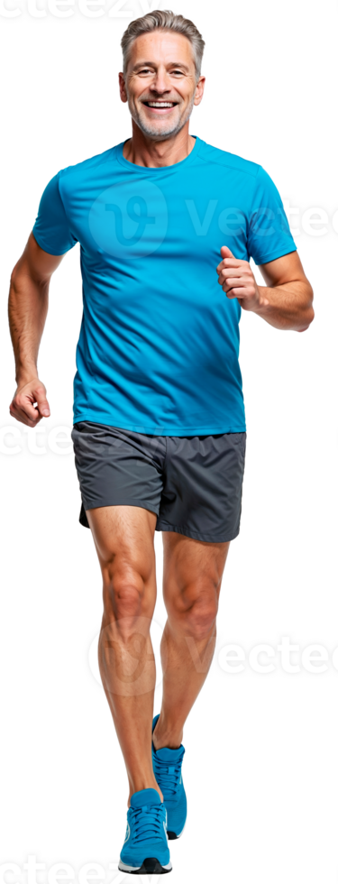 Active senior man running energetically in blue and grey sportswear cut out png