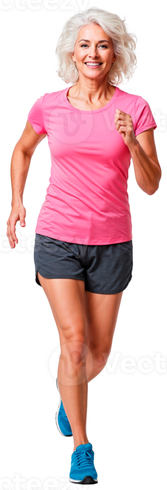 Active senior woman running energetically in pink and grey sportswear cut out png