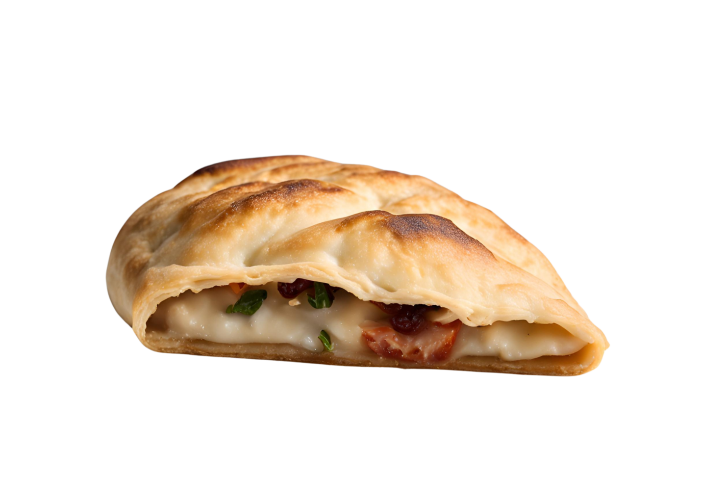 Golden-brown calzone viewed from a low angle with soft lighting, showcasing its crispy texture. png