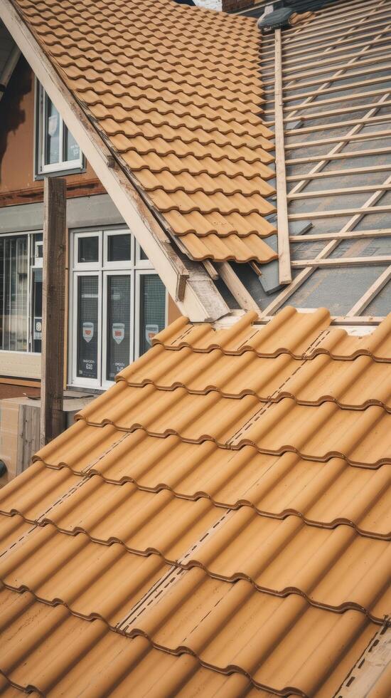 Overlapping rows of yellow ceramic roofing tiles mounted on wooden boards covering residential building roof under construction photo