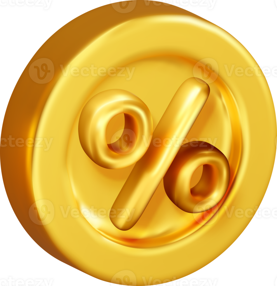 3D shiny percent sign in gold coin symbol icon png