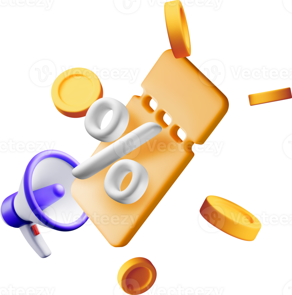 3D megaphone and coupon in coins png