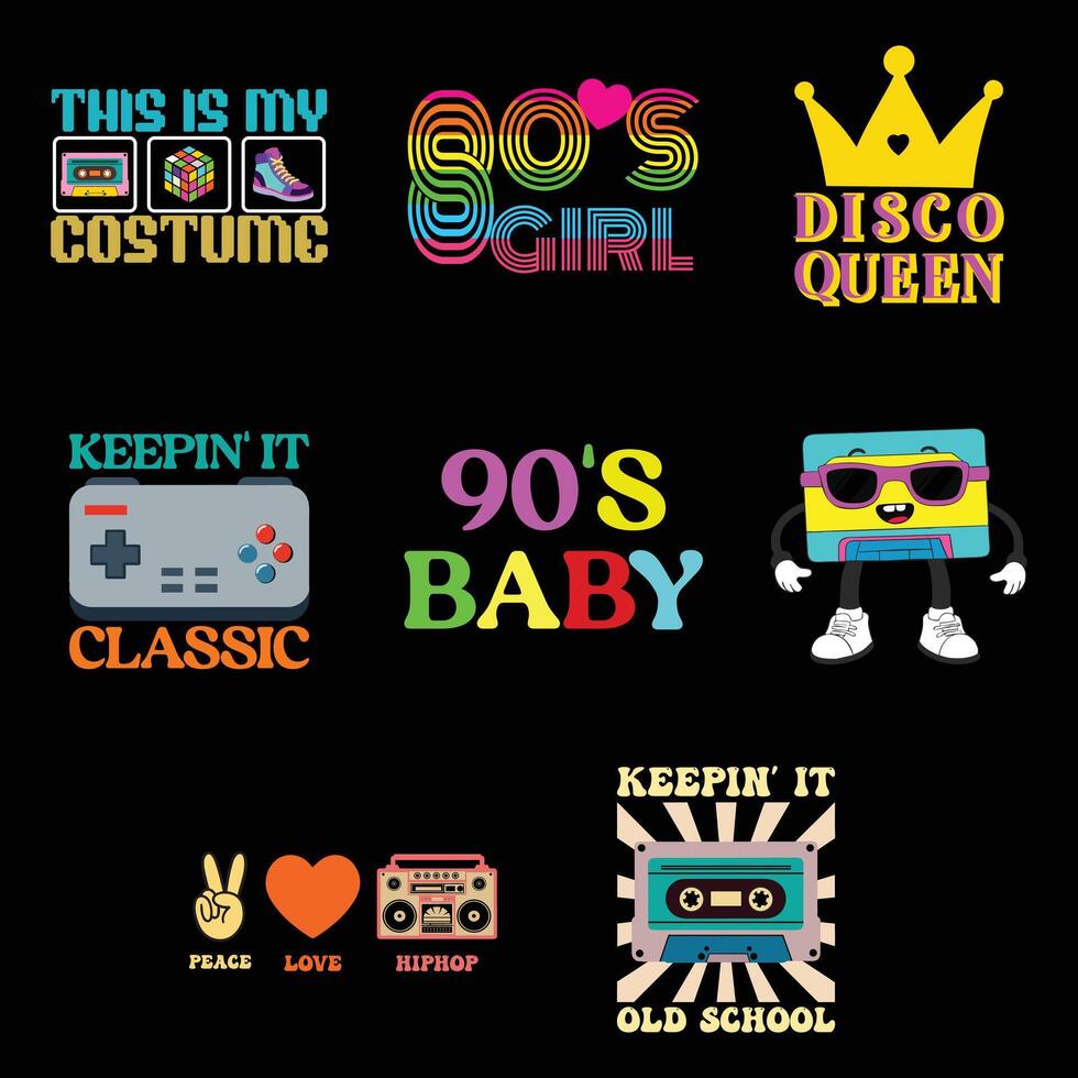 80s Retro T-shirt Design with Colorful Clipart Illustrations vector