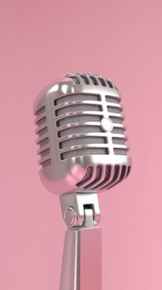 Silver retro microphone on a pink background minimal style 3d rendering photo