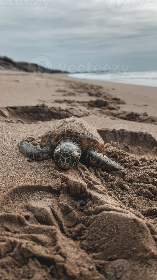 A turtle on the beach with its head out of the water photo