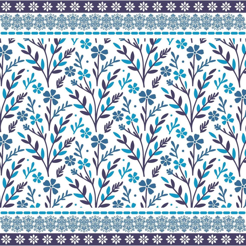 artistic blue bohemian floral seamless pattern with delicate border for carpet and wallpaper vector