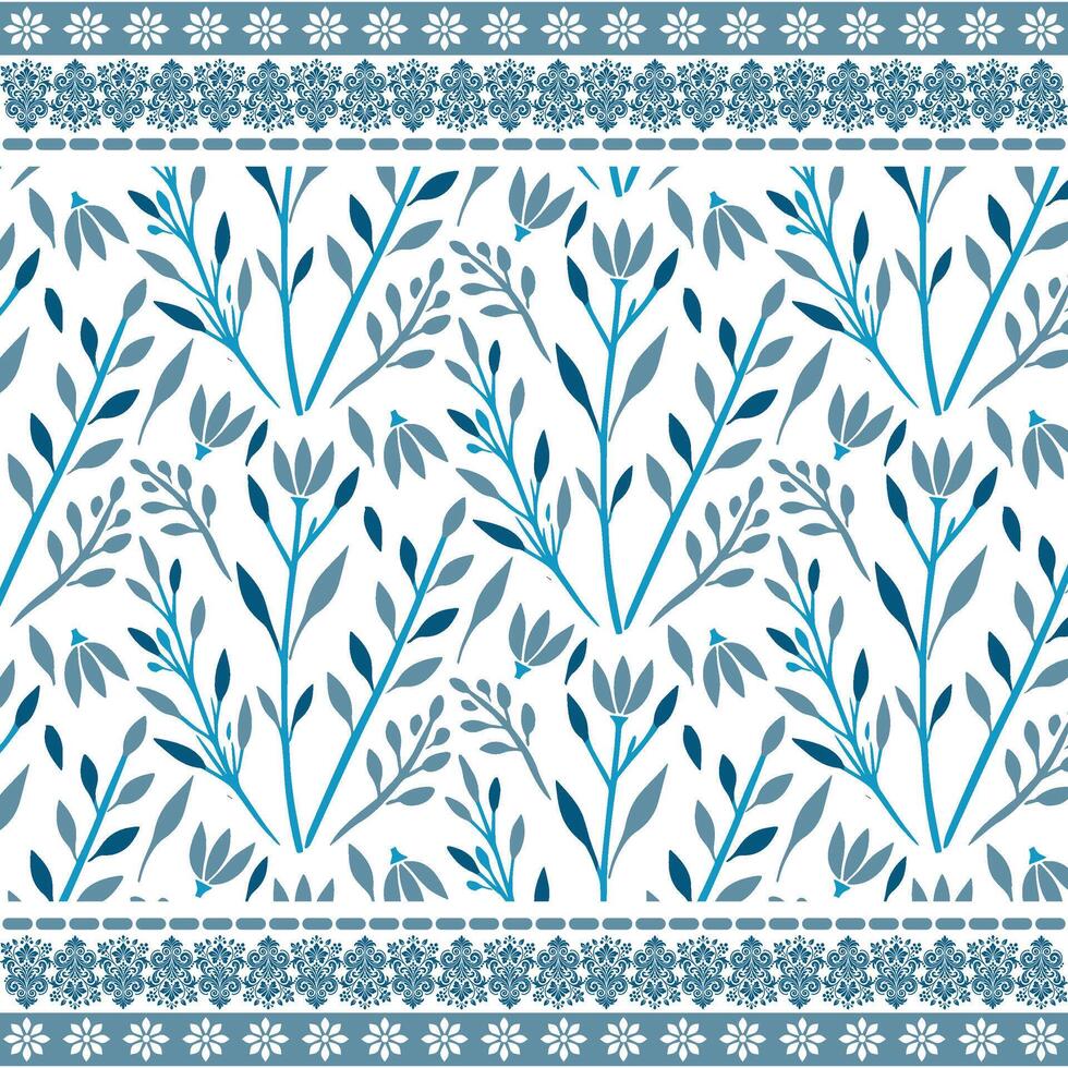 retro blue baroque floral seamless pattern with elegant border for textile and background design vector