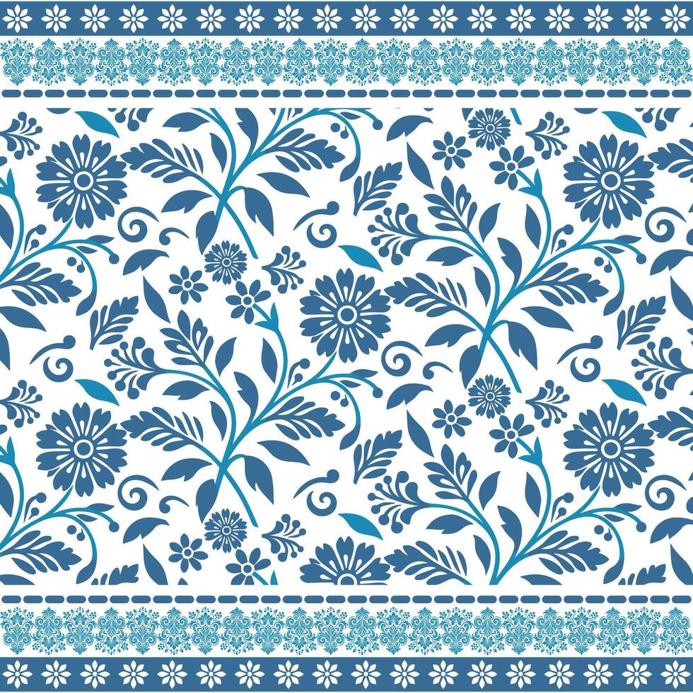 delicate blue ornamental floral seamless pattern with retro border for textile and print design vector