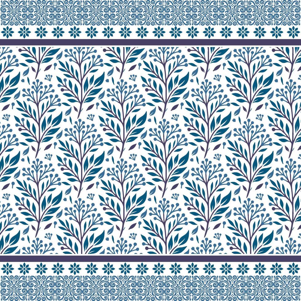 traditional blue floral seamless pattern with ornate border for elegant textile and background vector