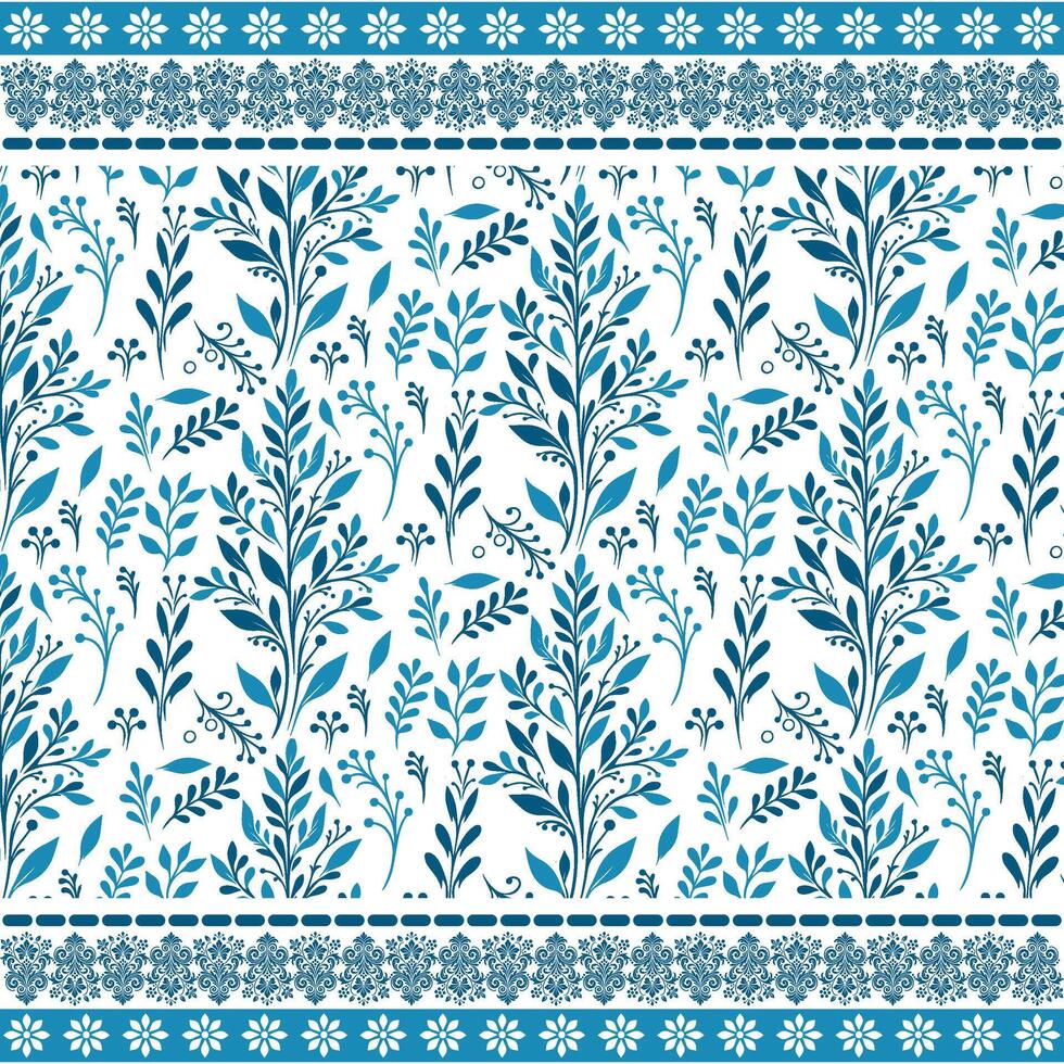 beautiful blue floral seamless pattern with intricate border design for textiles and wallpaper vector