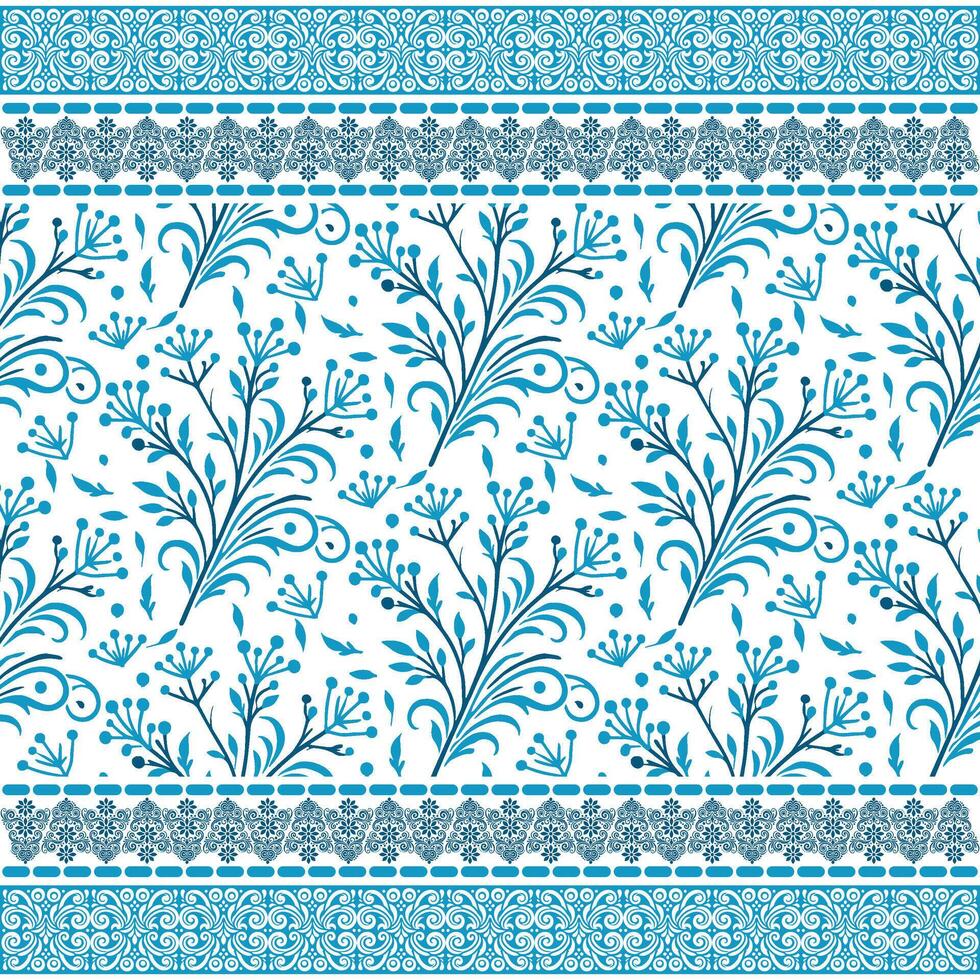 stylish blue floral seamless pattern with a baroque border for elegant wallpaper and wrapping vector