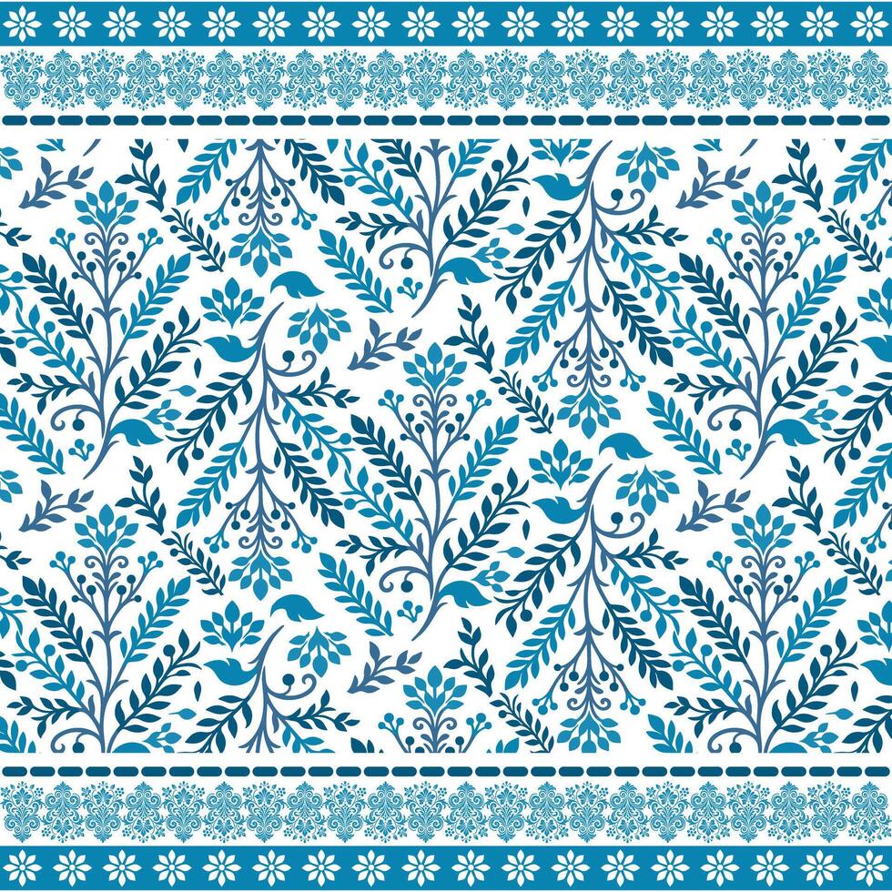 traditional blue bandana floral seamless pattern with classic border for textile and background vector