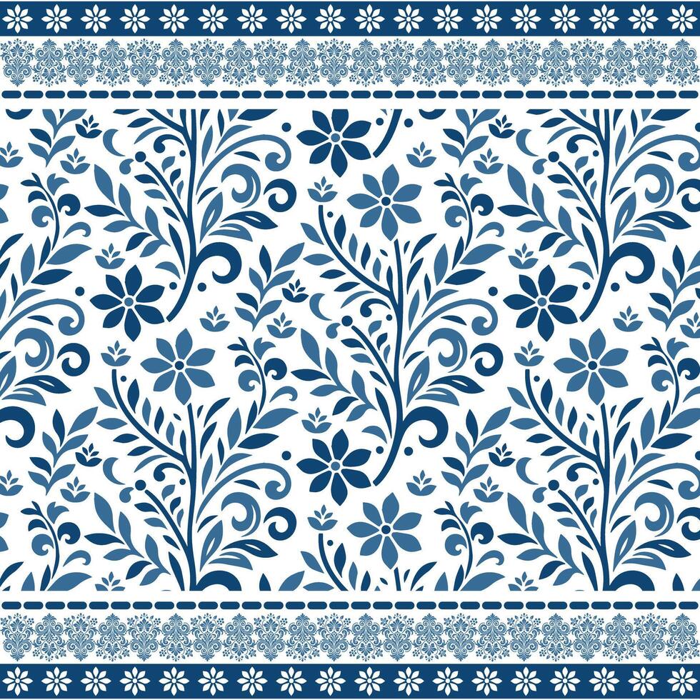 detailed blue flower seamless pattern with ornamental border for home design and wallpaper vector