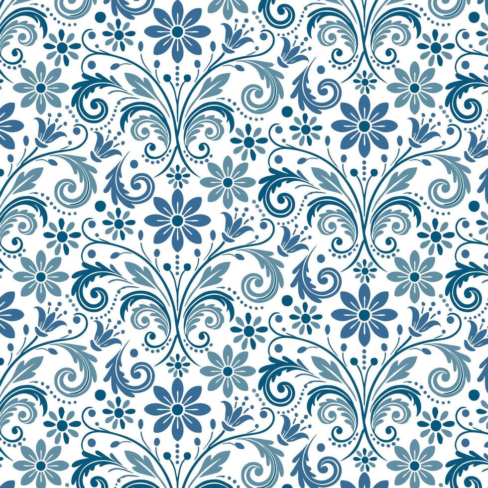 blue damask inspired floral pattern with elegant leaf and flower details for wallpaper vector