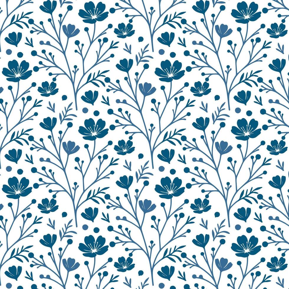 blue seamless floral pattern with delicate retro inspired flowers and leaves for textile vector