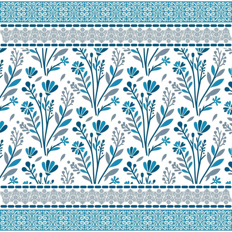 elegant blue floral seamless pattern with detailed border for decorative textile and backgrounds vector