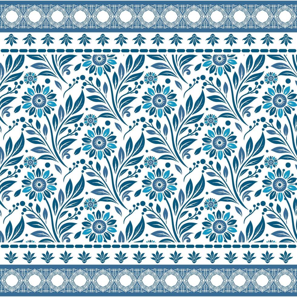 artistic blue ikat floral seamless pattern with arabesque border for vintage fabric projects vector